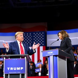 Donald Trump and Kamala Harris engaged in a lively political debate on a grand stage, with podiums and microphones, a large US flag backdrop