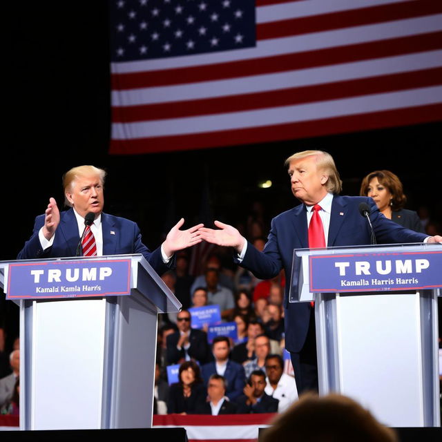 Donald Trump and Kamala Harris engaged in a lively political debate on a grand stage, with podiums and microphones, a large US flag backdrop