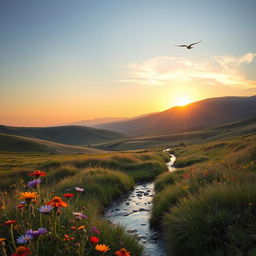 A beautifully composed image of a natural landscape with gentle hills rolling across the scene, the warm glow of a setting sun casting an ethereal light over the scenery