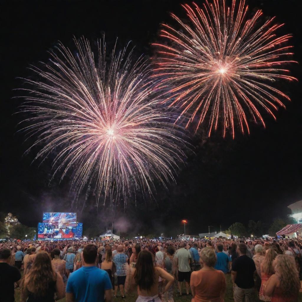 A lively Fourth of July celebration with fireworks lighting up the night sky. Groups of people are seen enjoying the vibrant display amidst patriotic decorations.