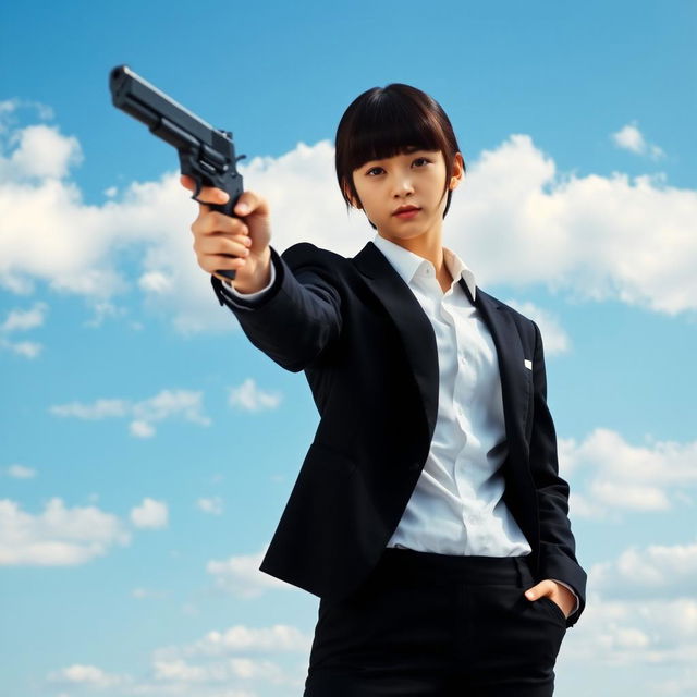 A person in a black suit holding a gun, with bangs hairstyle. The background is a beautiful clear blue sky with white clouds.