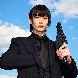 A person in a black suit holding a gun, with bangs hairstyle. The background is a beautiful clear blue sky with white clouds.