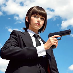 A person in a black suit holding a gun, with bangs hairstyle. The background is a beautiful clear blue sky with white clouds.