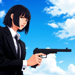 A person in a black suit holding a gun, with bangs hairstyle. The background is a beautiful clear blue sky with white clouds.