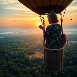 A teenage girl with brown hair, showing an expression of astonishment and determination, stands in the basket of a hot air balloon soaring above the vast Amazon rainforest