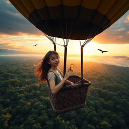 A teenage girl with brown hair, showing an expression of astonishment and determination, stands in the basket of a hot air balloon soaring above the vast Amazon rainforest