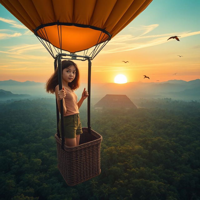 A teenage girl with brown hair, showing an expression of astonishment and determination, stands in the basket of a hot air balloon soaring above the vast Amazon rainforest