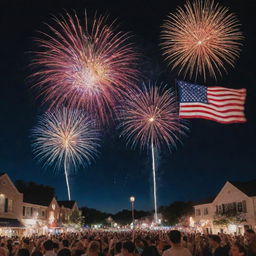 A lively Fourth of July celebration with fireworks lighting up the night sky. Groups of people are seen enjoying the vibrant display amidst patriotic decorations.