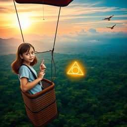 A teenage girl with brown hair, showing an expression of astonishment and determination, stands in the basket of a hot air balloon soaring above the vast Amazon rainforest