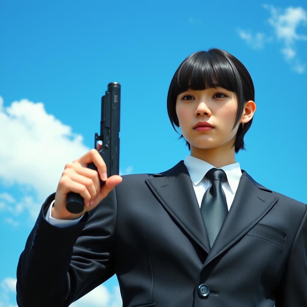 A person in a black suit holding a gun, with bangs hairstyle. The background is a beautiful clear blue sky with white clouds.