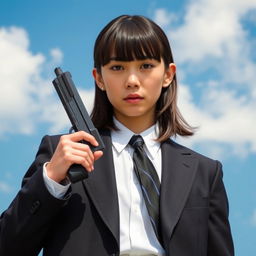 A person in a black suit holding a gun, with bangs hairstyle. The background is a beautiful clear blue sky with white clouds.