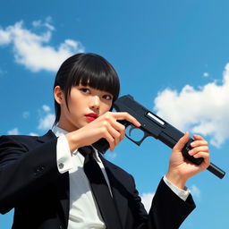 A person in a black suit holding a gun, with bangs hairstyle. The background is a beautiful clear blue sky with white clouds.