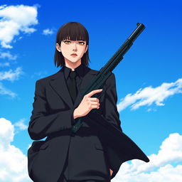 A person in a black suit holding a gun, with bangs hairstyle. The background is a beautiful clear blue sky with white clouds.