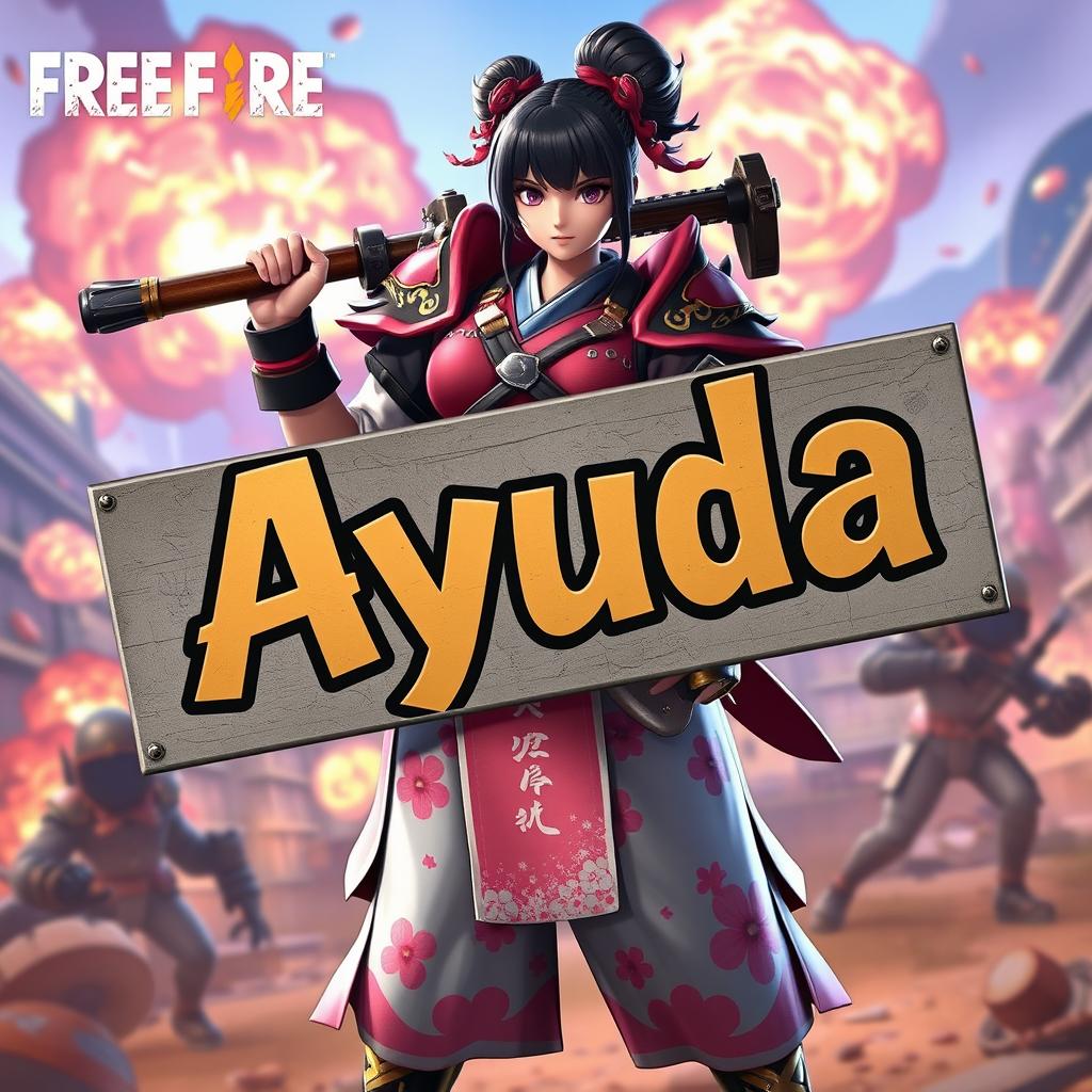 A character skin from Free Fire named Sakura holding a large, detailed sign with the word "Ayuda" written on it in bold, noticeable letters, standing in a dynamic pose