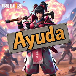 A character skin from Free Fire named Sakura holding a large, detailed sign with the word "Ayuda" written on it in bold, noticeable letters, standing in a dynamic pose