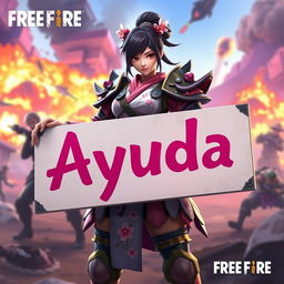 A character skin from Free Fire named Sakura holding a large, detailed sign with the word "Ayuda" written on it in bold, noticeable letters, standing in a dynamic pose