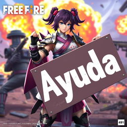 A character skin from Free Fire named Sakura holding a large, detailed sign with the word "Ayuda" written on it in bold, noticeable letters, standing in a dynamic pose