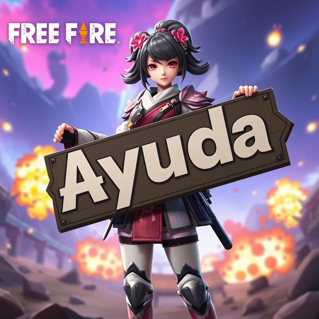 A character skin from Free Fire named Sakura holding a large, detailed sign with the word "Ayuda" written on it in bold, noticeable letters, standing in a dynamic pose