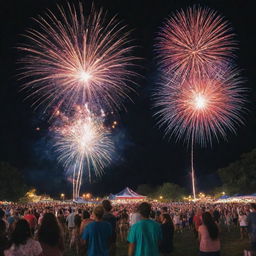 A lively Fourth of July celebration with fireworks lighting up the night sky. Groups of people are seen enjoying the vibrant display amidst patriotic decorations.