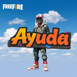 A Free Fire hip hop-themed character skin holding a colorful, eye-catching sign with the word "Ayuda" written prominently, set against a clear, bright blue sky dotted with fluffy white clouds