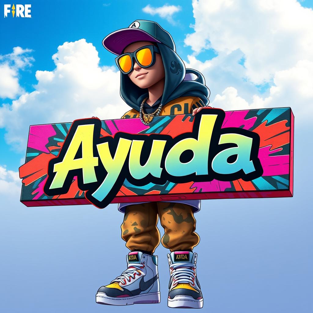 A Free Fire hip hop-themed character skin holding a colorful, eye-catching sign with the word "Ayuda" written prominently, set against a clear, bright blue sky dotted with fluffy white clouds