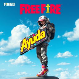 A Free Fire hip hop-themed character skin holding a colorful, eye-catching sign with the word "Ayuda" written prominently, set against a clear, bright blue sky dotted with fluffy white clouds