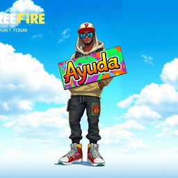 A Free Fire hip hop-themed character skin holding a colorful, eye-catching sign with the word "Ayuda" written prominently, set against a clear, bright blue sky dotted with fluffy white clouds