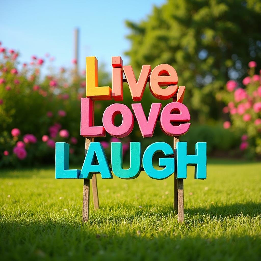 A vibrant and fun yard sign with the text 'Live, Love, Laugh' in bold, colorful letters