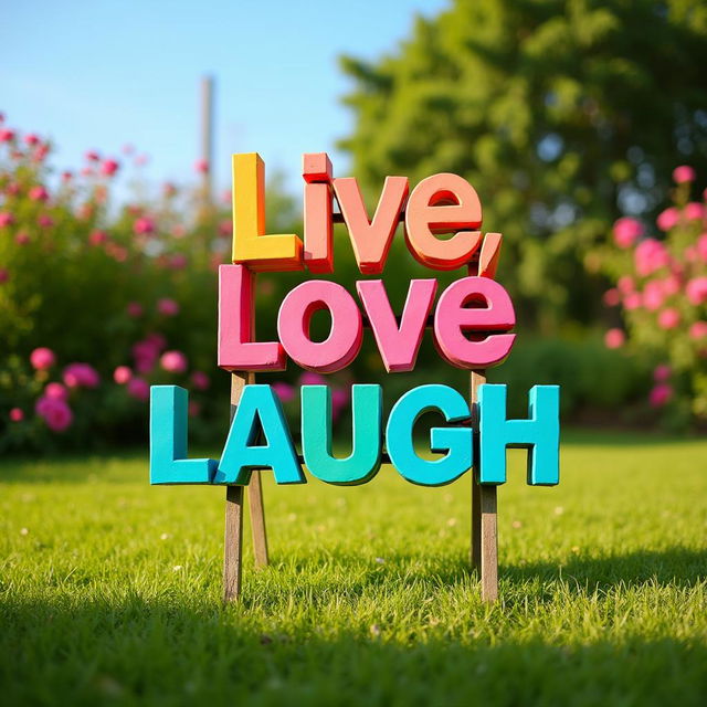 A vibrant and fun yard sign with the text 'Live, Love, Laugh' in bold, colorful letters