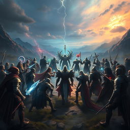 A dramatic and epic scene of a group of NPCs (non-playable characters) encircling a central point with intense focus