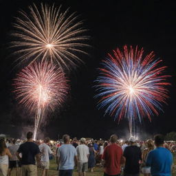 A lively Fourth of July celebration with fireworks lighting up the night sky. Groups of people are seen enjoying the vibrant display amidst patriotic decorations.