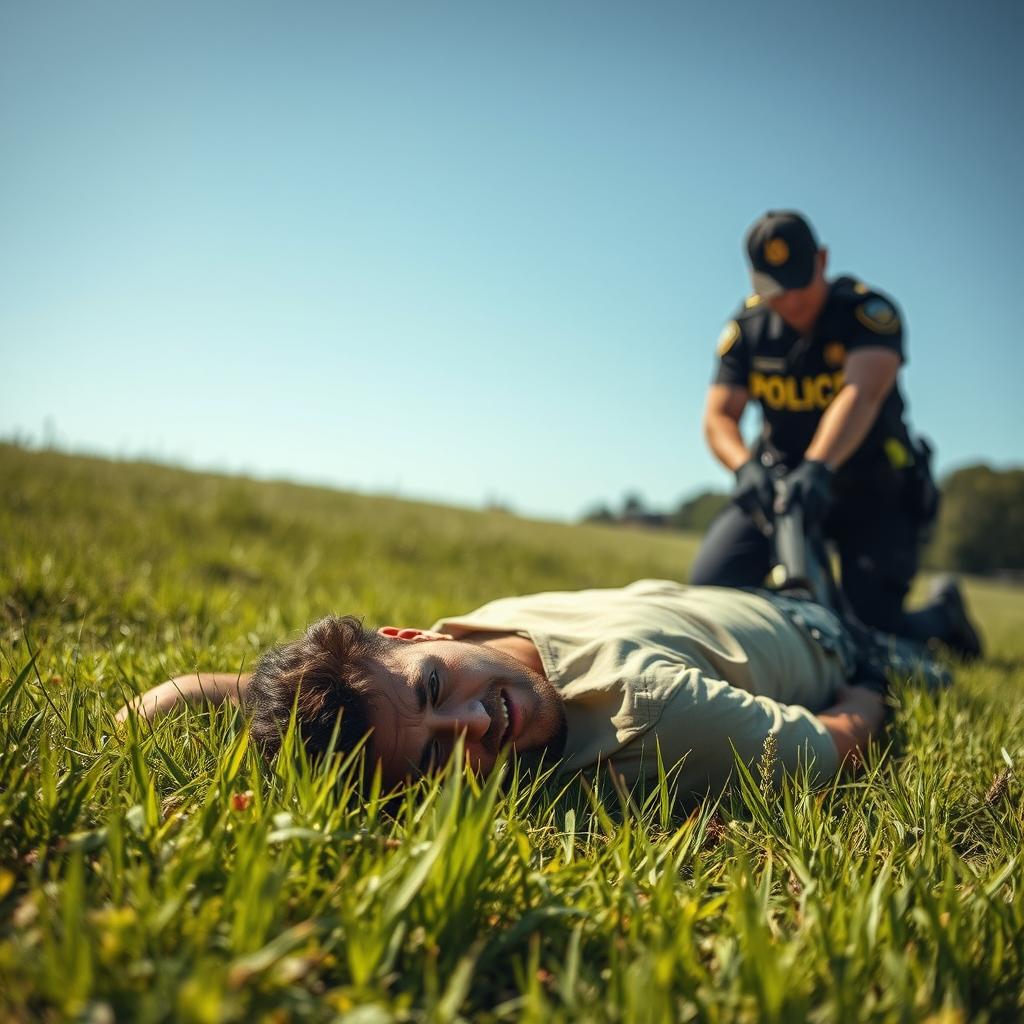 A person lying on the ground with an expression of distress, while a police officer is seen arresting them