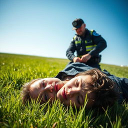 A person lying on the ground with an expression of distress, while a police officer is seen arresting them