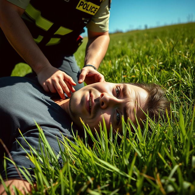 A person lying on the ground with an expression of distress, while a police officer is seen arresting them