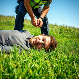 A person lying on the ground with an expression of distress, while a police officer is seen arresting them