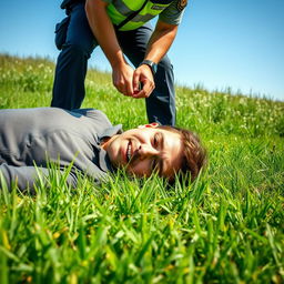 A person lying on the ground with an expression of distress, while a police officer is seen arresting them