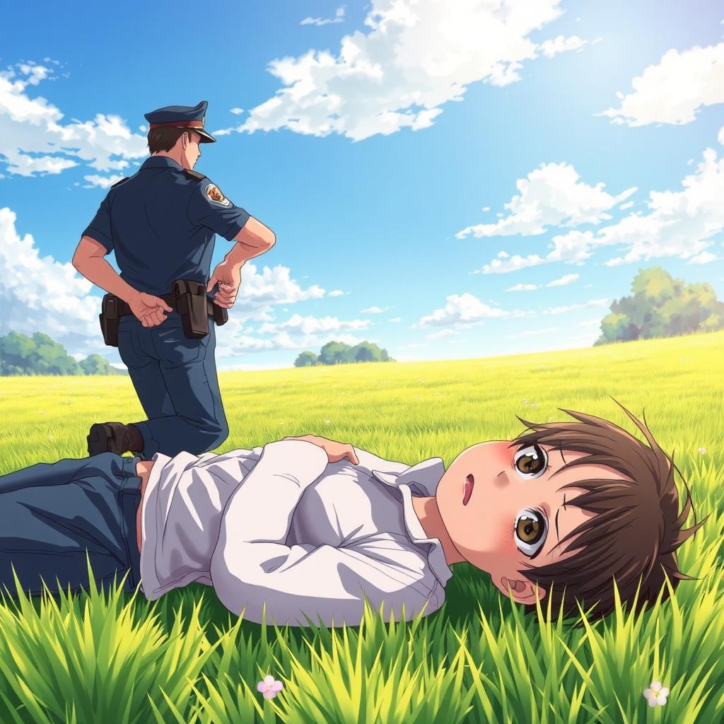 An anime-style scene of a person lying on the ground with an expression of distress, while a police officer is seen arresting them from behind