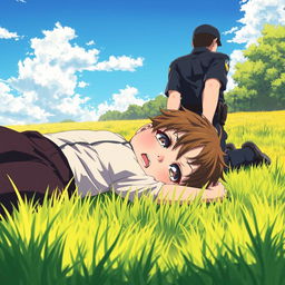 An anime-style scene of a person lying on the ground with an expression of distress, while a police officer is seen arresting them from behind