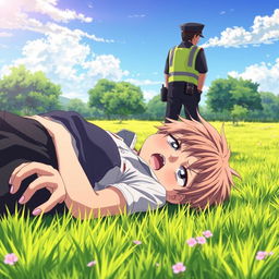 An anime-style scene of a person lying on the ground with an expression of distress, while a police officer is seen arresting them from behind