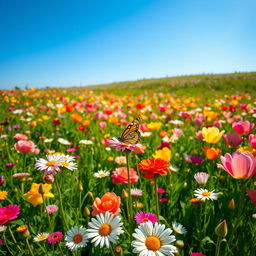 A lush and vibrant meadow filled with a variety of colorful flowers, including roses, daisies, and tulips, in full bloom under a bright blue sky