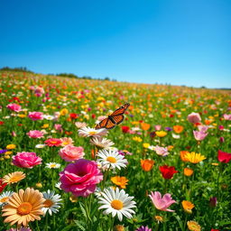 A lush and vibrant meadow filled with a variety of colorful flowers, including roses, daisies, and tulips, in full bloom under a bright blue sky