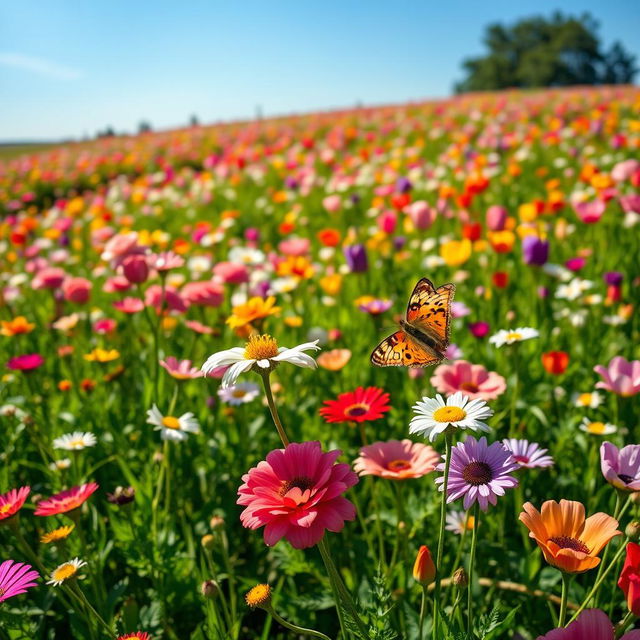 A lush and vibrant meadow filled with a variety of colorful flowers, including roses, daisies, and tulips, in full bloom under a bright blue sky