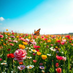 A lush and vibrant meadow filled with a variety of colorful flowers, including roses, daisies, and tulips, in full bloom under a bright blue sky