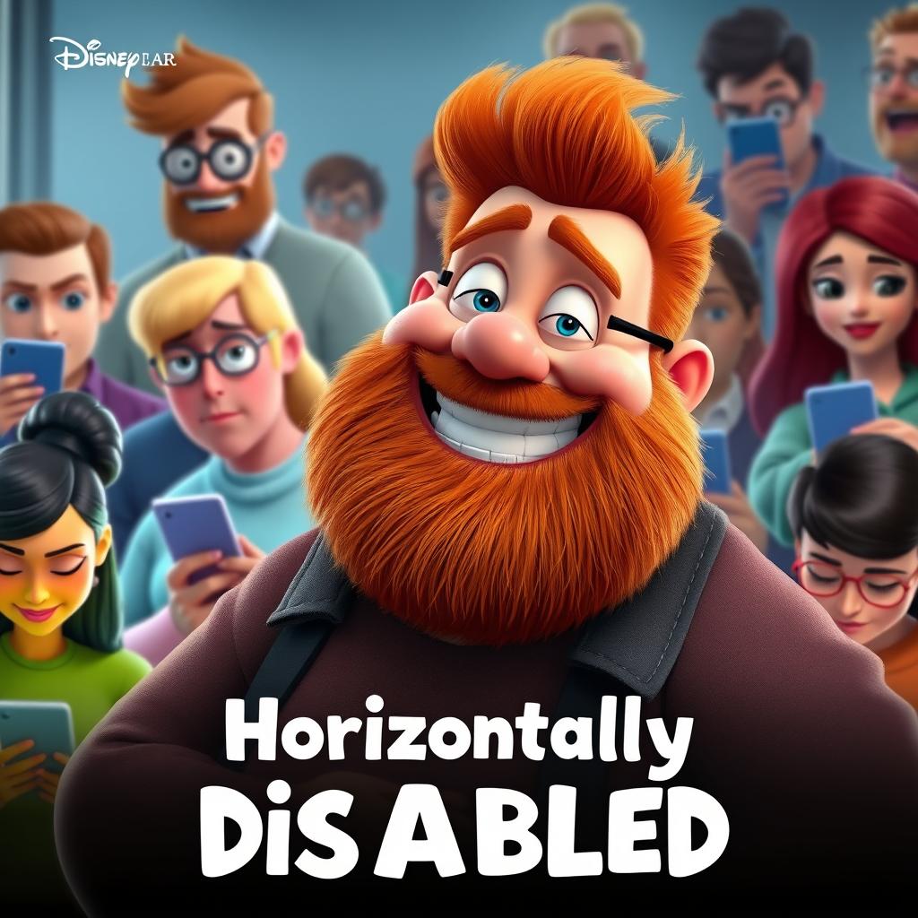 A Disney Pixar style render featuring a jovial, big fat ginger man with a beard centered in the image