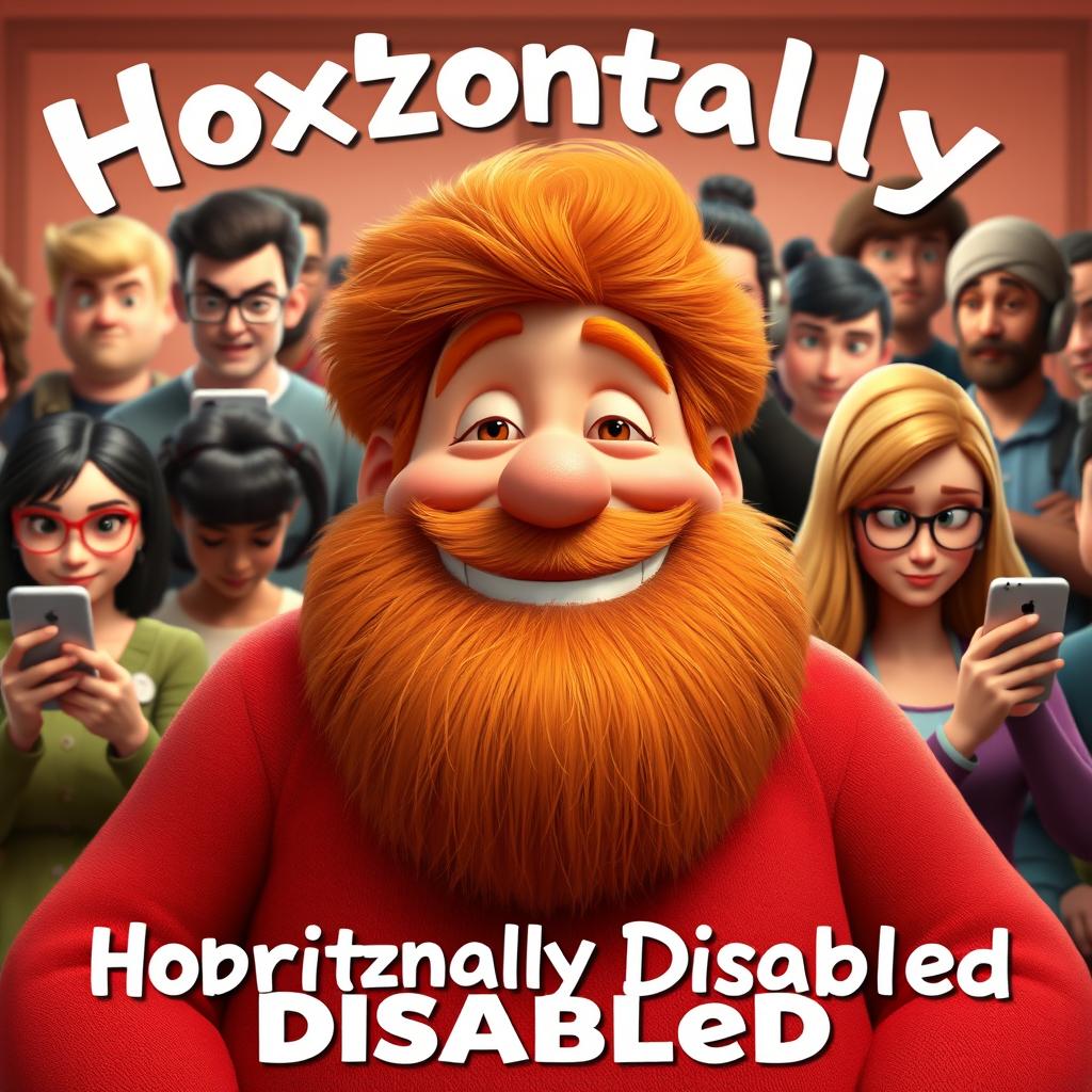 A Disney Pixar style render featuring a jovial, big fat ginger man with a beard centered in the image