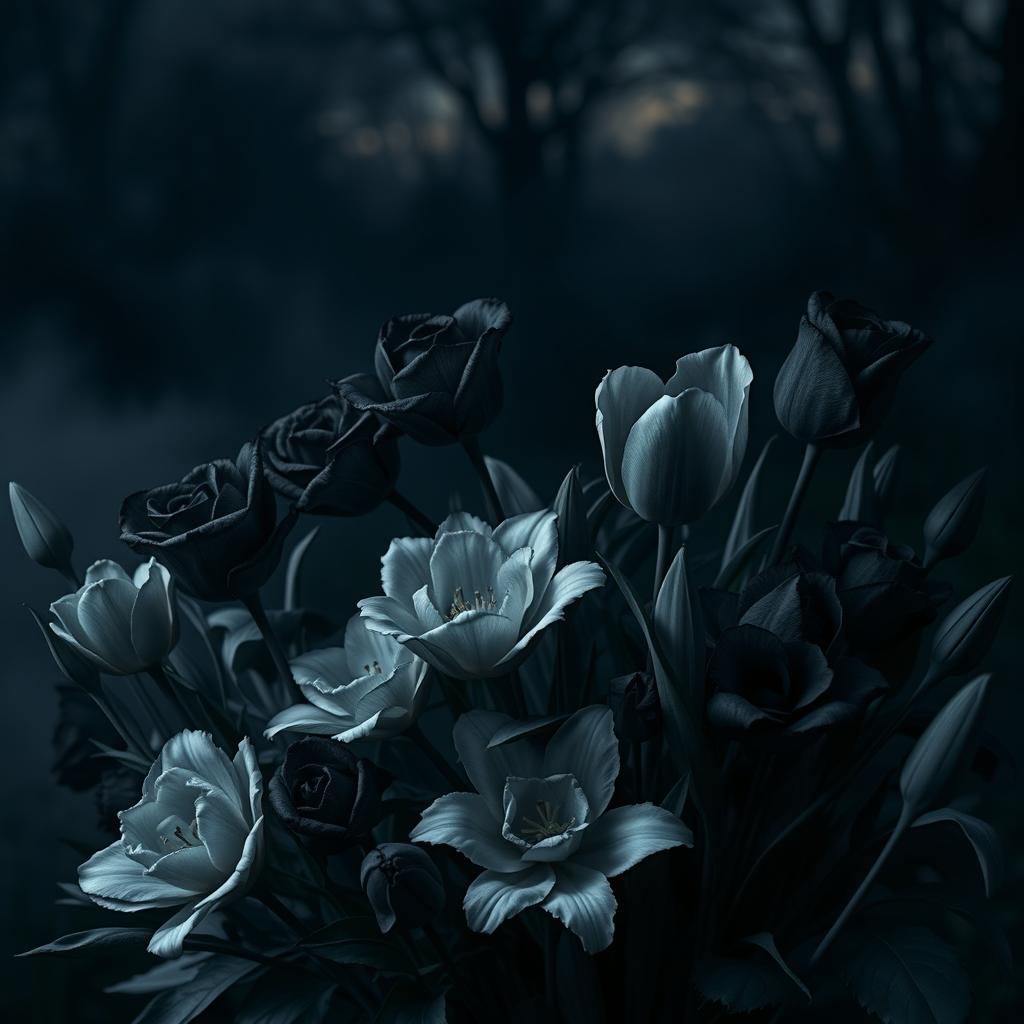 A surreal and striking arrangement of black and gray flowers, including roses, tulips, and lilies, blooming in a mystical garden