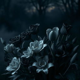 A surreal and striking arrangement of black and gray flowers, including roses, tulips, and lilies, blooming in a mystical garden