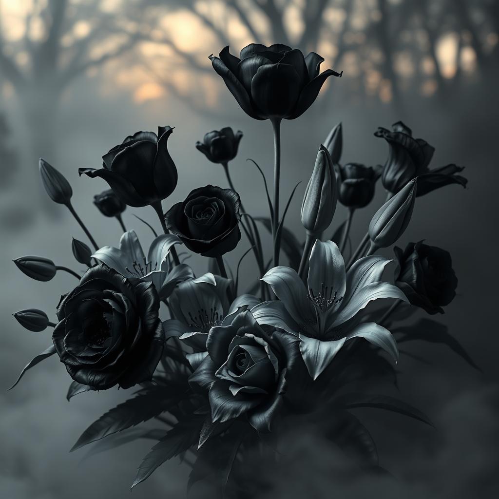 A surreal and striking arrangement of black and gray flowers, including roses, tulips, and lilies, blooming in a mystical garden