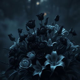 A surreal and striking arrangement of black and gray flowers, including roses, tulips, and lilies, blooming in a mystical garden