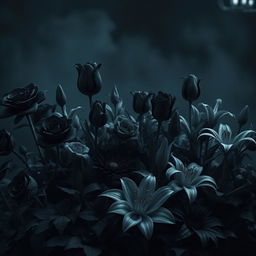 A surreal and striking arrangement of black and gray flowers, including roses, tulips, and lilies, blooming in a mystical garden